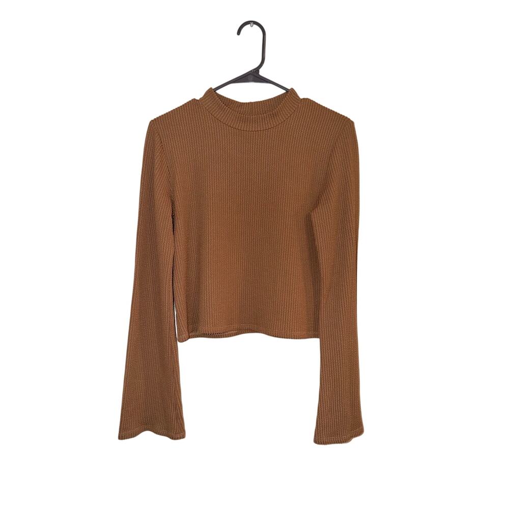 Free Kisses Women L Brown Ribbed Crop Top Mock Neck Bell Sleeve